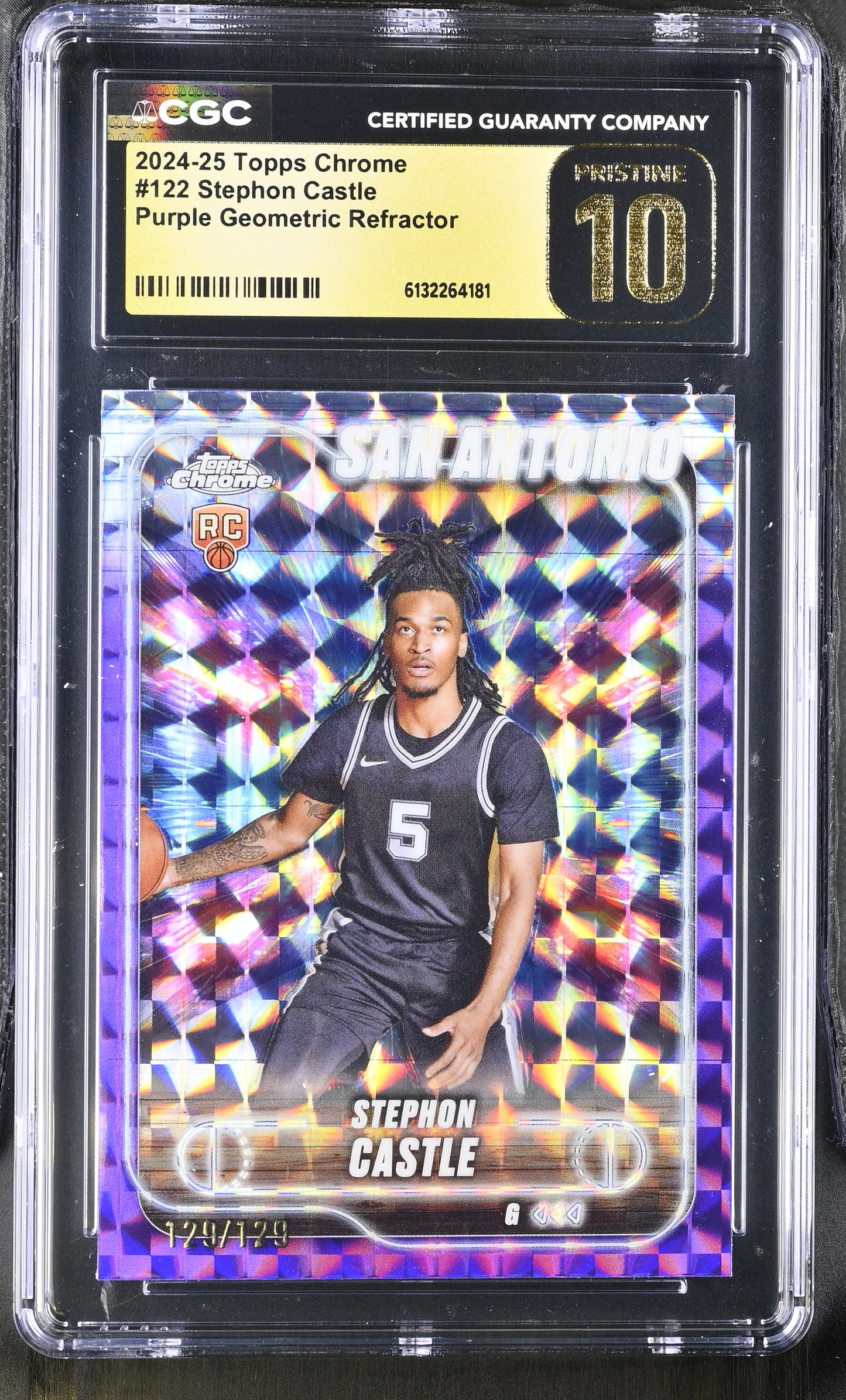 2024-25 Topps Chrome Basketball Stephon Castle Purple Geometric Refractor RC 129/129 CGC 10 Pristine