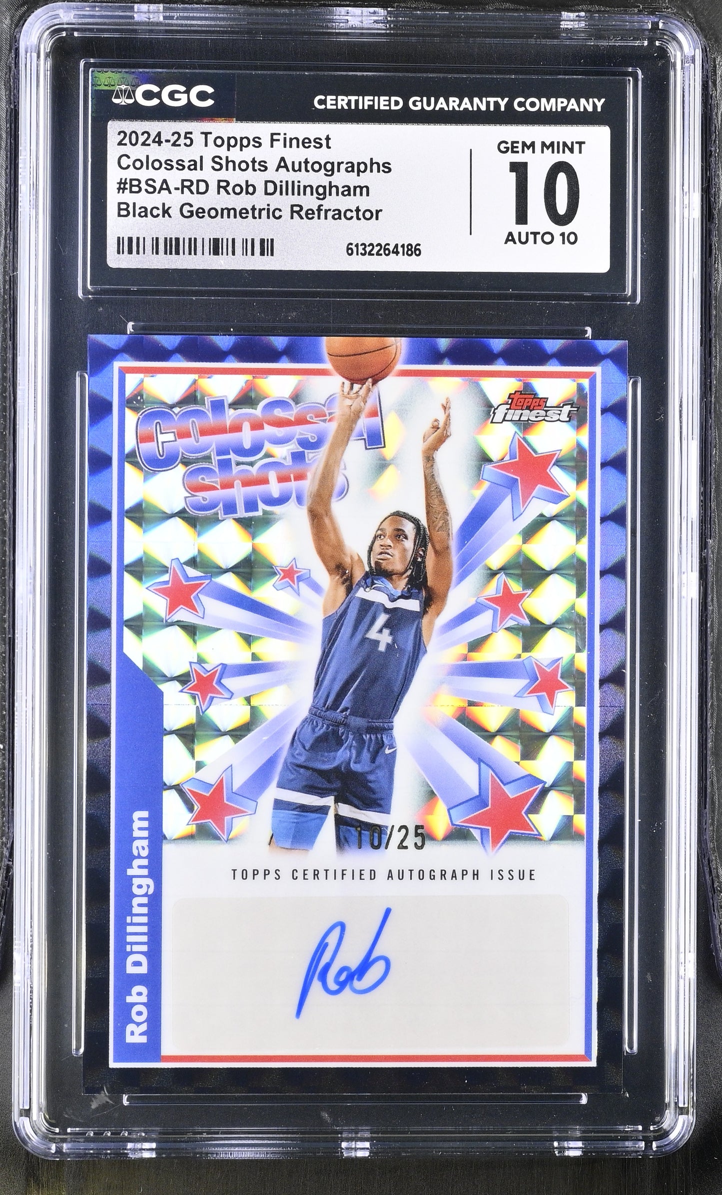 2024-25 Topps Finest Basketball Rob Dillingham Colossal Shots Autograph Black Geometric Refractor 10/25 #BSA-RD CGC 10