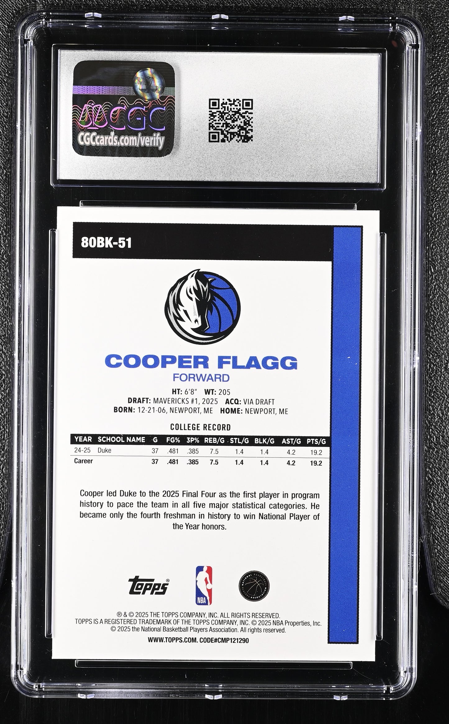 2025-26 Topps Flagship Basketball Cooper Flagg '80-81 RC #80BK-51 CGC 10