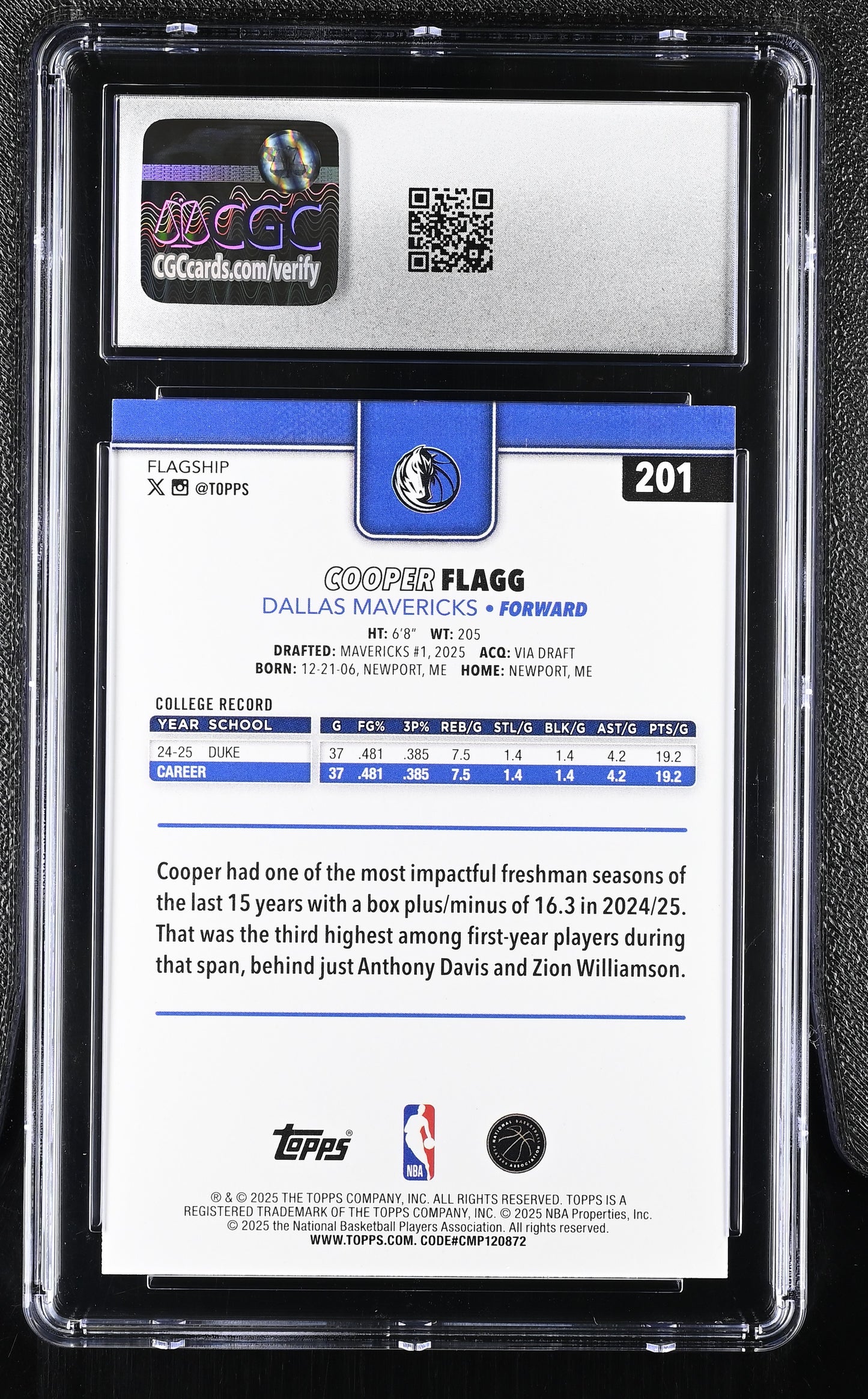 2025-26 Topps Flagship Basketball Cooper Flagg RC #201 CGC 10