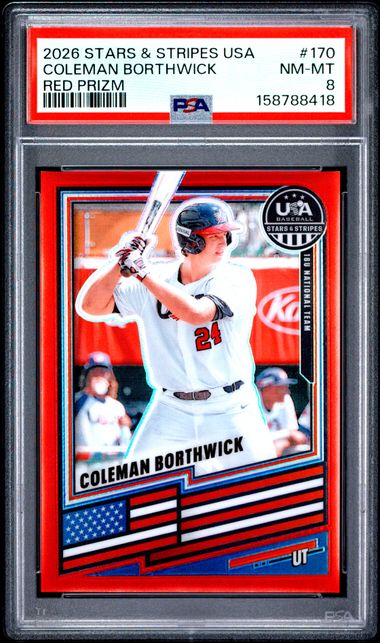 2026 PANINI USA BASEBALL STARS & STRIPES PRIZM #170 COLEMAN BORTHWICK RED PRIZM PSA 8 SC4