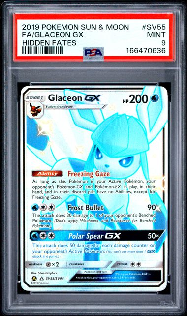 2019 POKEMON SUN & MOON HIDDEN FATES #SV55 FA/GLACEON GX HIDDEN FATES PSA 9 SC1