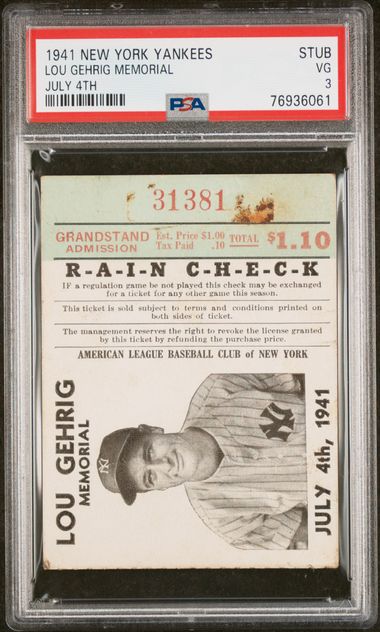 1941 New York Yankees Lou Gehrig Memorial July 4th Game Ticket Stub PSA 3