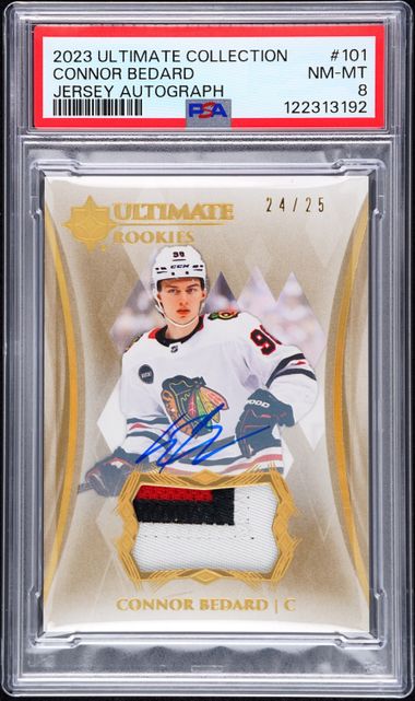 2023 Upper Deck Ultimate Collection Connor Bedard Rookie Jersey Autograph 24/25 #101 PSA 8