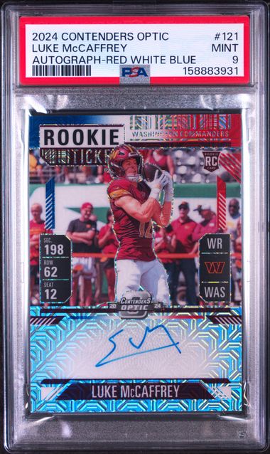 2024 PANINI CONTENDERS OPTIC #121 LUKE McCAFFREY AUTOGRAPH-RED WHITE BLUE PSA 9