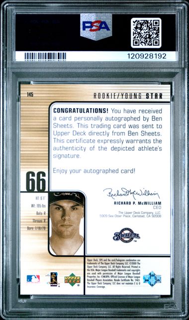 2000 SPx #145 BEN SHEETS AUTOGRAPHED PSA 8