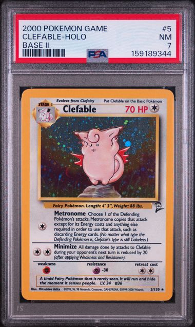 2000 POKEMON GAME BASE II #5 CLEFABLE-HOLO BASE II PSA 7 SC1