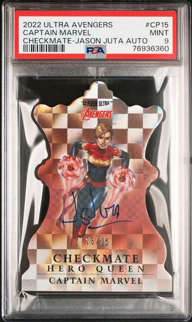 2022 FLEER ULTRA AVENGERS CHECKMATE #CP15 CAPTAIN MARVEL CHECKMATE-JASON JUTA AUTO PSA 9 SC7