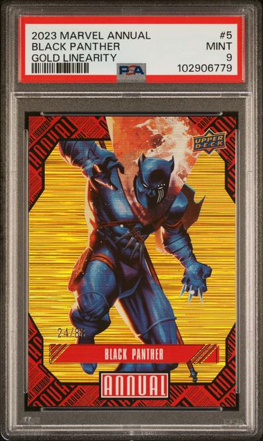 2023-2024 UPPER DECK MARVEL ANNUAL #5 BLACK PANTHER GOLD LINEARITY PSA 9 SC7
