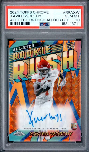 2024 TOPPS CHROME CHROME ALL-ETCH ROOKIE RUSH AUTOGRAPHS #RRAXW XAVIER WORTHY ALL-ETCH RK RUSH AU-ORG GEO PSA 10 SC2