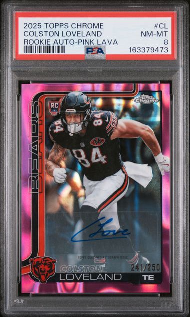 2025 TOPPS CHROME ROOKIES AUTOGRAPH #CL COLSTON LOVELAND ROOKIE AUTO-PINK LAVA PSA 8