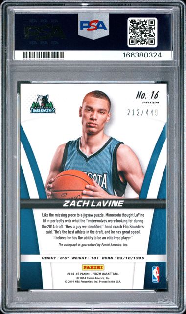 2014 PANINI PRIZM ROOKIE AUTOGRAPHS #16 ZACH LaVINE ROOKIE AUTOGRAPHS PSA 9 JR9272-96