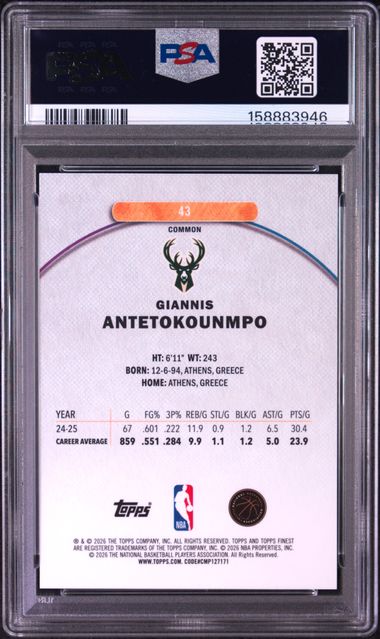 2025 TOPPS FINEST #43 GIANNIS ANTETOKOUNMPO SKY BLUE REFRACTOR PSA 9