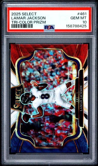 2025 PANINI SELECT #461 LAMAR JACKSON TRI-COLOR PRIZM PSA 10 SC2