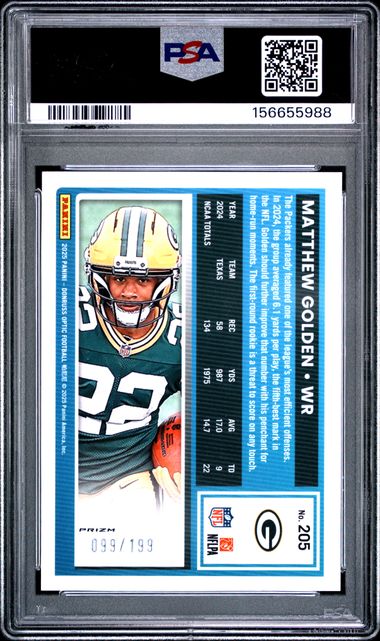 2025 Panini Donruss Optic Matthew Golden Rated Rookie Neon Green Prizm /199 #205 Packers PSA 10