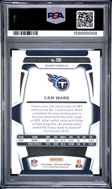 2025 Panini Certified Cam Ward Rookies Mirror /399 #200 RC Titans PSA 9