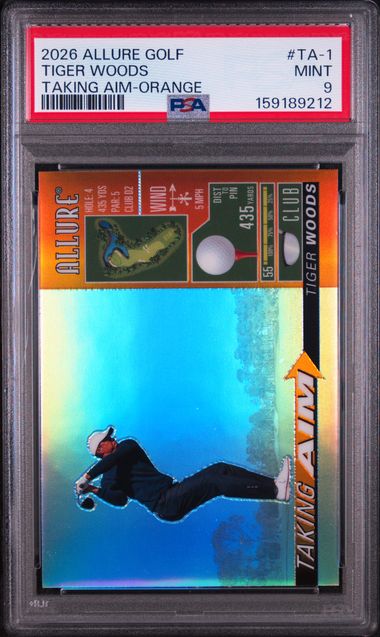 2026 UPPER DECK ALLURE GOLF TAKING AIM #TA-1 TIGER WOODS TAKING AIM-ORANGE PSA 9