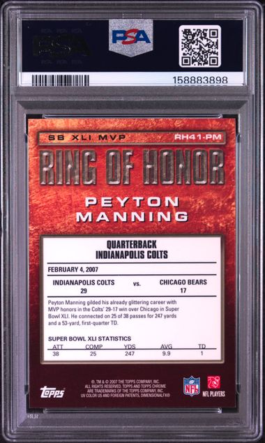 2007 TOPPS CHROME RING OF HONOR #RH41 PEYTON MANNING RING OF HONOR PSA 9