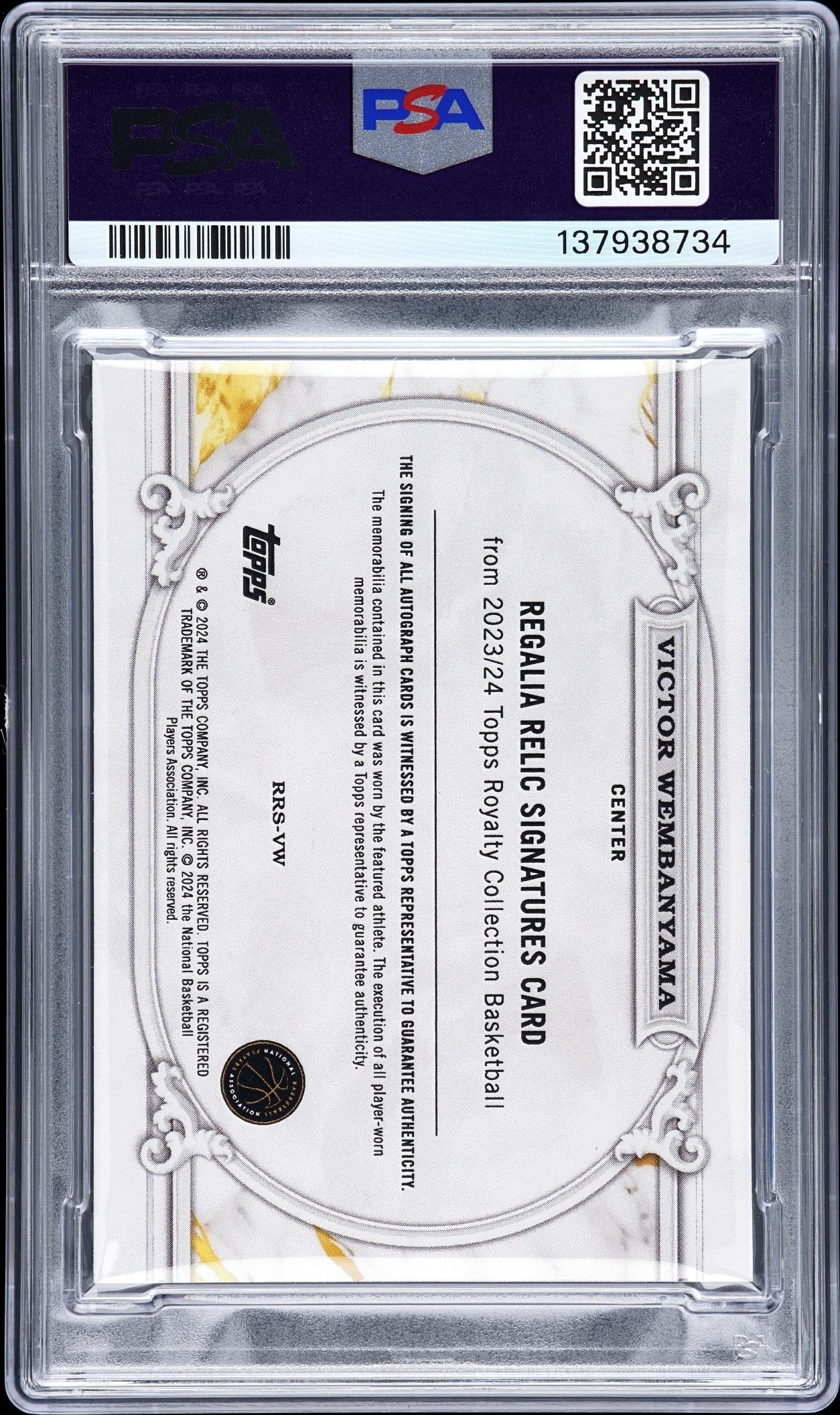 2023 Topps Royalty Collection Victor Wembanyama Regalia Relic Signatures Blue /25 #RRS-VW MEM Auto RC Spurs PSA 10