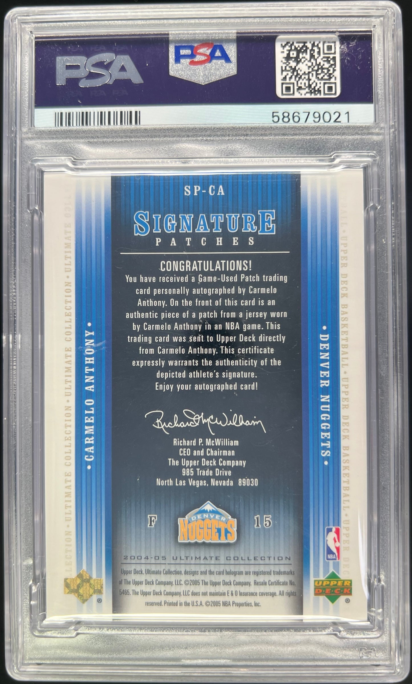 2004 Upper Deck Ultimate Collection Carmelo Anthony Signature Patches Auto 05/25 #SP-CA PSA 9