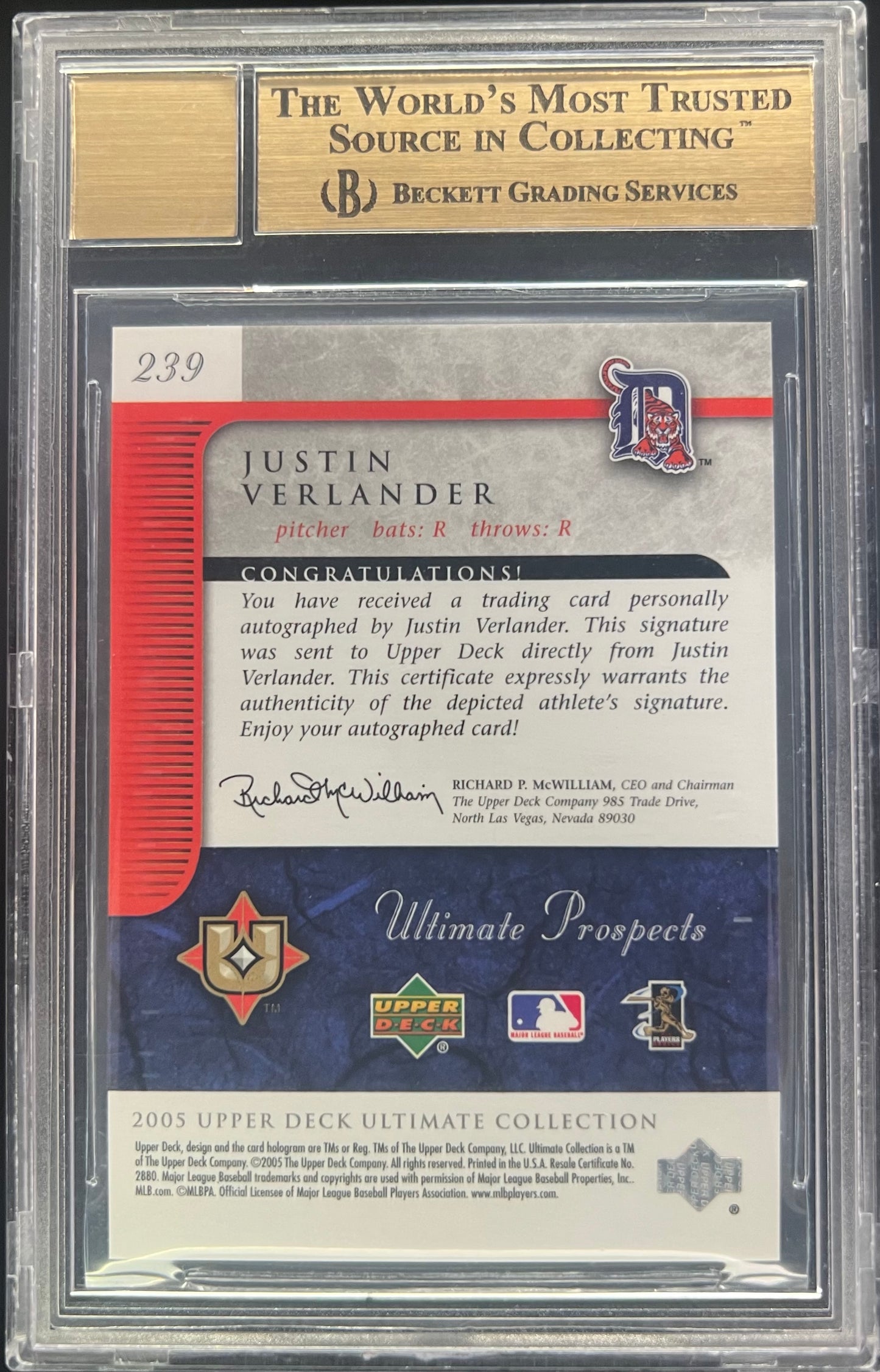 2005 Upper Deck Ultimate Collection Justin Verlander Rookie Auto /99 #239 BGS 9.5 - (Auto Grade 10)