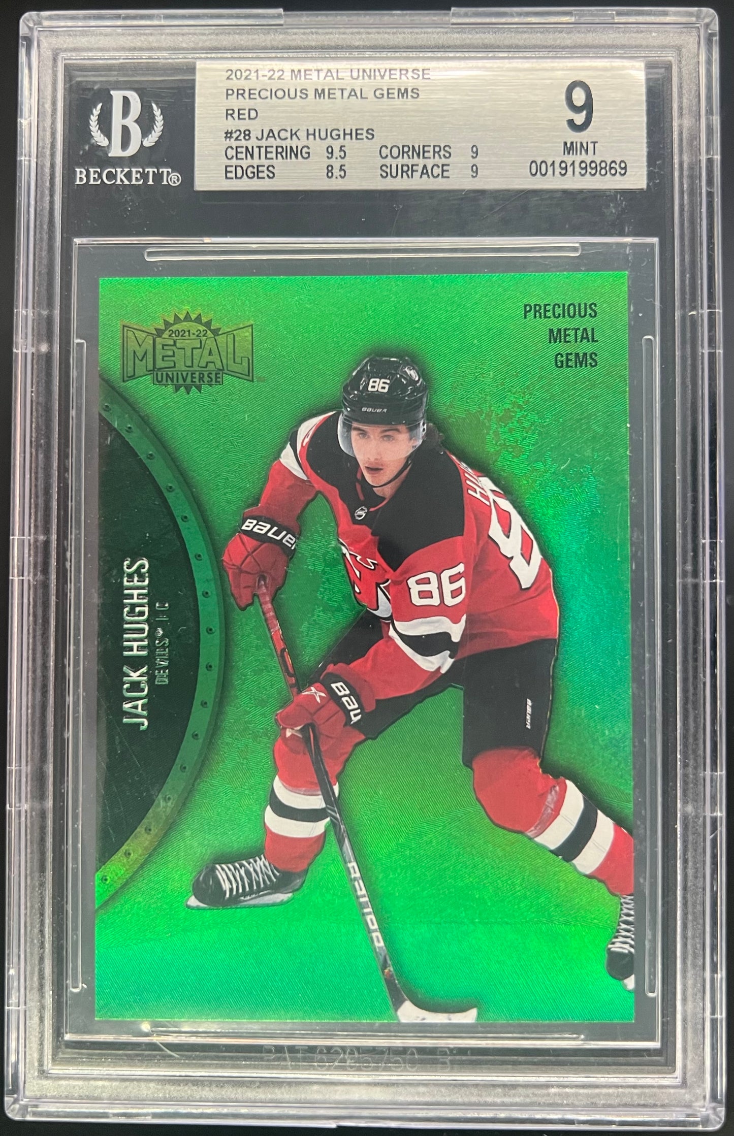 2021-22 Upper Deck Metal Universe Jack Hughes Red (Green) Precious Metal Gems 006/100 #28 BGS 9