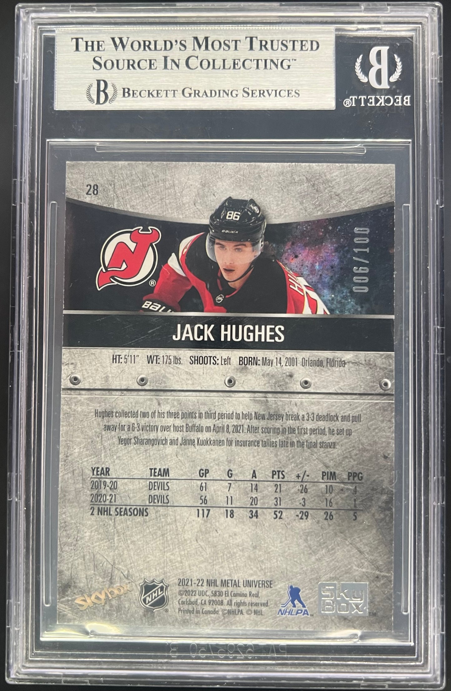 2021-22 Upper Deck Metal Universe Jack Hughes Red (Green) Precious Metal Gems 006/100 #28 BGS 9