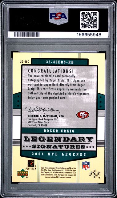 2004 Upper Deck Legends Roger Craig Legendary Signatures #LS-RC Auto 49ers PSA 10