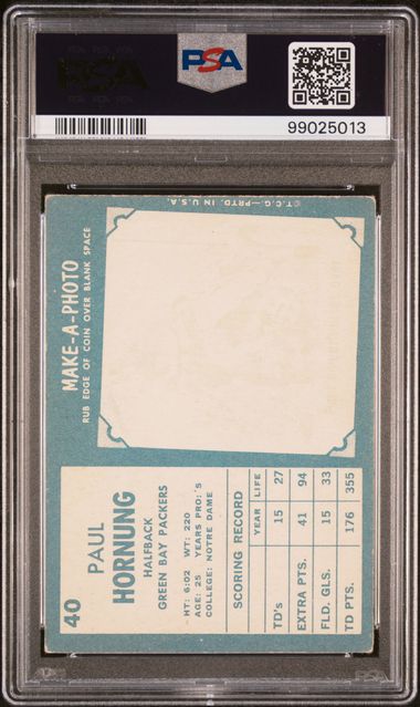 1961 TOPPS #40 PAUL HORNUNG PSA 3.5 AUTO AUTH