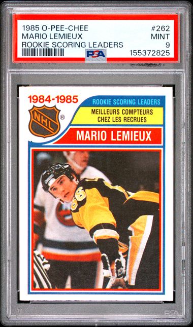 1985 O-PEE-CHEE #262 MARIO LEMIEUX ROOKIE SCORING LEADERS PSA 9