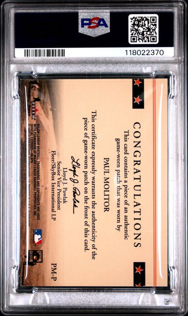 2002 FLEER CLASSIC CUTS #PM-P PAUL MOLITOR CLASSIC CUTS-PATCH PSA 8