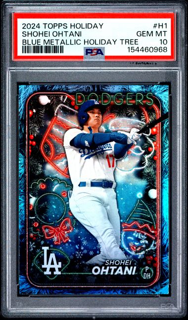2024 TOPPS HOLIDAY #H1 SHOHEI OHTANI BLUE METALLIC HOLIDAY TREE PSA 10 SC4