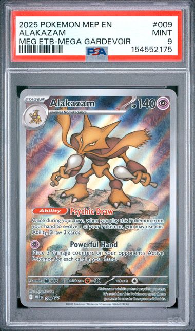 2025 POKEMON MEP EN-ME BLACK STAR PROMO #009 ALAKAZAM MEG ETB-MEGA GARDEVOIR PSA 9 SC1