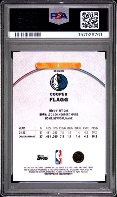 2025 TOPPS FINEST #1 COOPER FLAGG OIL SPILL REFRACTOR PSA 10 JR9272-23