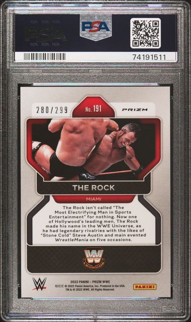 2022 PANINI PRIZM WWE #191 THE ROCK RED PRIZM PSA 10