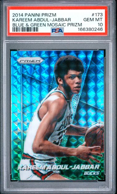 2014 PANINI PRIZM #173 KAREEM ABDUL-JABBAR BLUE & GREEN MOSAIC PRIZM PSA 10 JR9272-22