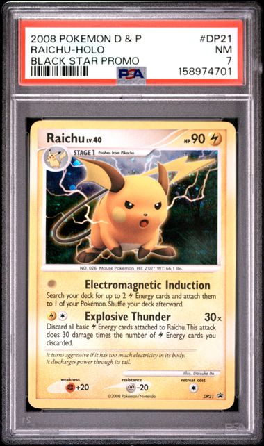 2008 POKEMON DIAMOND & PEARL BLACK STAR PROMO #DP21 RAICHU-HOLO BLACK STAR PROMO PSA 7