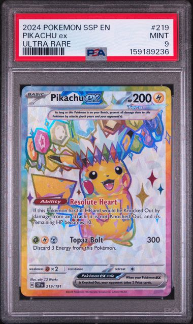 2024 POKEMON SSP EN-SURGING SPARKS #219 PIKACHU ex ULTRA RARE PSA 9 SC1