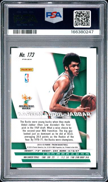 2014 PANINI PRIZM #173 KAREEM ABDUL-JABBAR BLUE & GREEN MOSAIC PRIZM PSA 9 JR9272-116