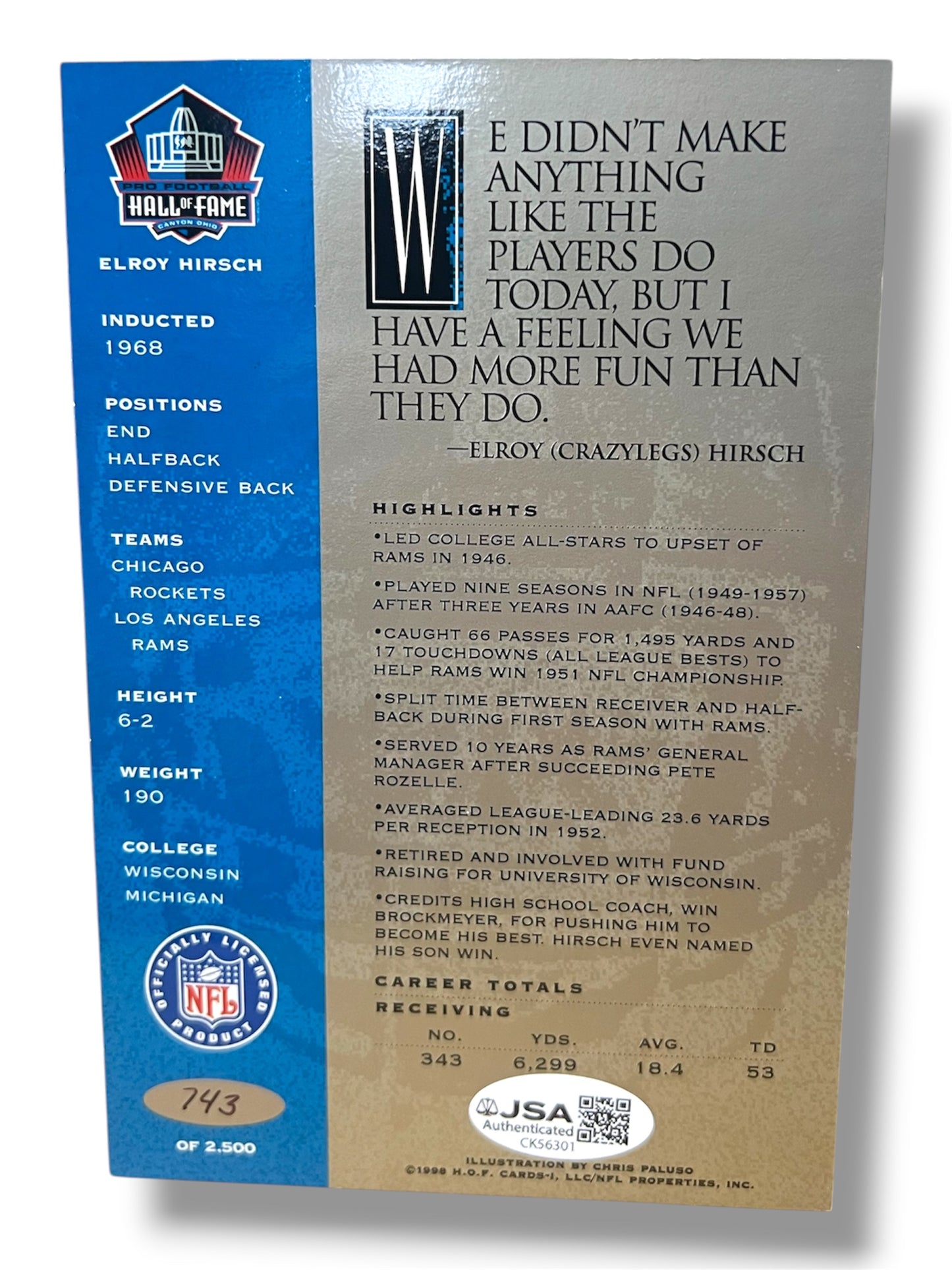 1998 Elroy Hirsch NFL Hall of Fame Autographed 4x6 Commemorative Card 743/2500 JSA Authentic