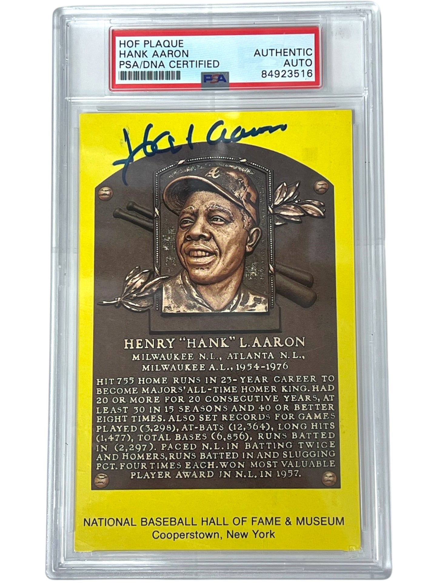 Hank Aaron Hall of Fame Plaque PSA/DNA Authentic Autograph