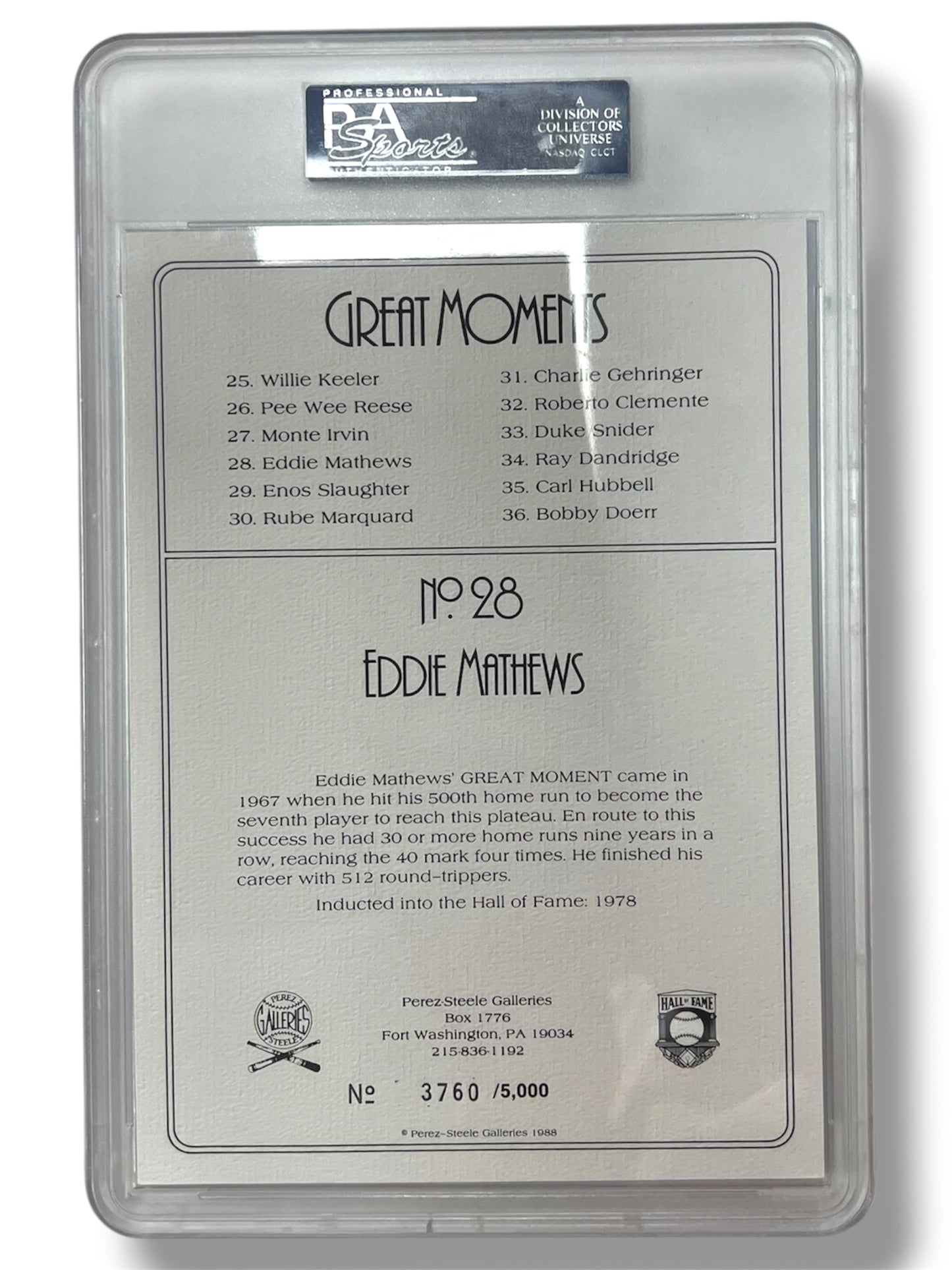 1988 Perez-Steele Great Moments Eddie Mathews 3760/5000 #28 PSA/DNA Authentic Slab Auto