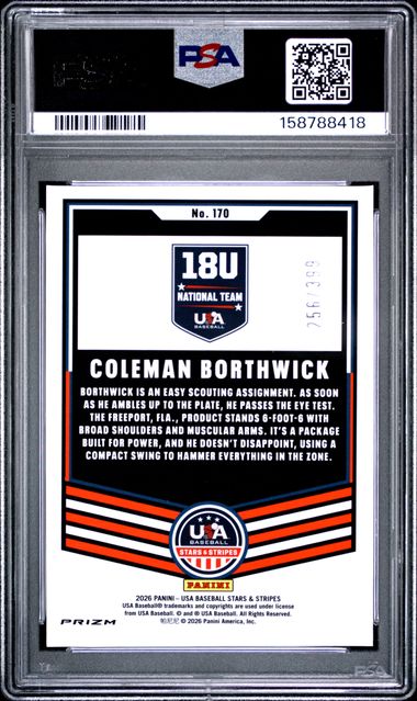 2026 PANINI USA BASEBALL STARS & STRIPES PRIZM #170 COLEMAN BORTHWICK RED PRIZM PSA 8 SC4