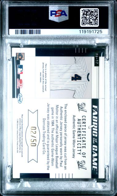 2003 LEAF CERTIFIED MATERIALS FABRIC OF THE GAME #FG-17 PAUL MOLITOR FABRIC/GAME-INSCRIPTION AUTO PSA 8