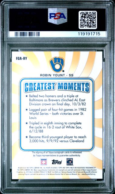 2014 FINEST GREATS AUTOGRAPH #FGARY ROBIN YOUNT GREATS AUTO-BLACK REF. PSA 9
