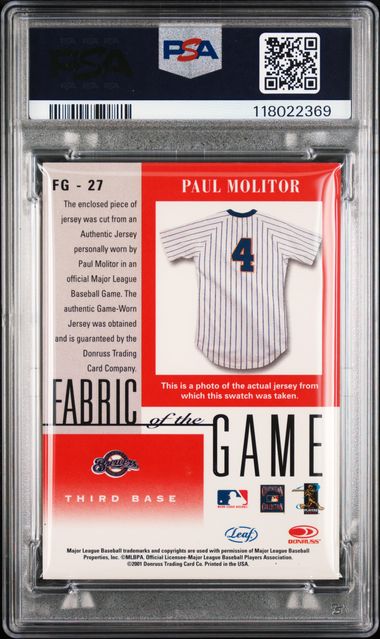 2001 LEAF CERTIFIED MATERIALS FABRIC OF THE GAME #FG-27 PAUL MOLITOR FABRIC OF THE GAME PSA 7