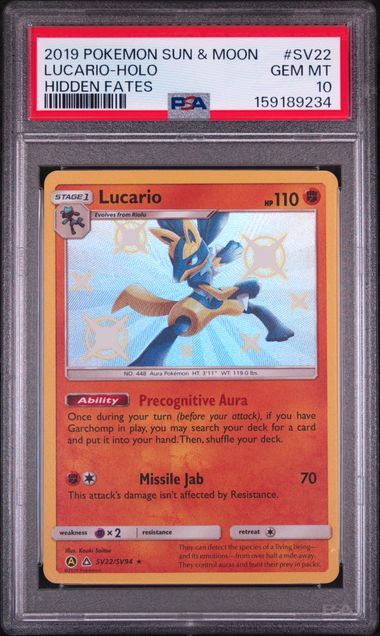 2019 POKEMON SUN &amp; MOON HIDDEN FATES #SV22 LUCARIO-HOLO HIDDEN FATES PSA 10 SC1