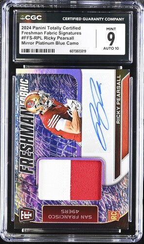 2024 Panini Totally Certified Freshman Fabric Signatures #FFS-RPL Ricky Pearsall Mirror Platinum Blue Camo CGC 9 AUTO 10 SC2