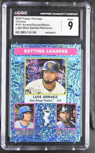 2025 TOPPS HERITAGE CHROME #191 ARRAEZ/OZUNA/OHTANI LIGHT BLUE REFRACTOR CGC 9 SC4