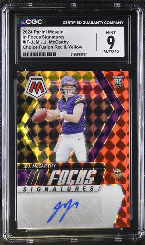 2024 Panini Mosaic In Focus Signatures #IF-JJM JJ McCarthy Choice Fusion Red & Yellow CGC 9 AUTO 10 SC2